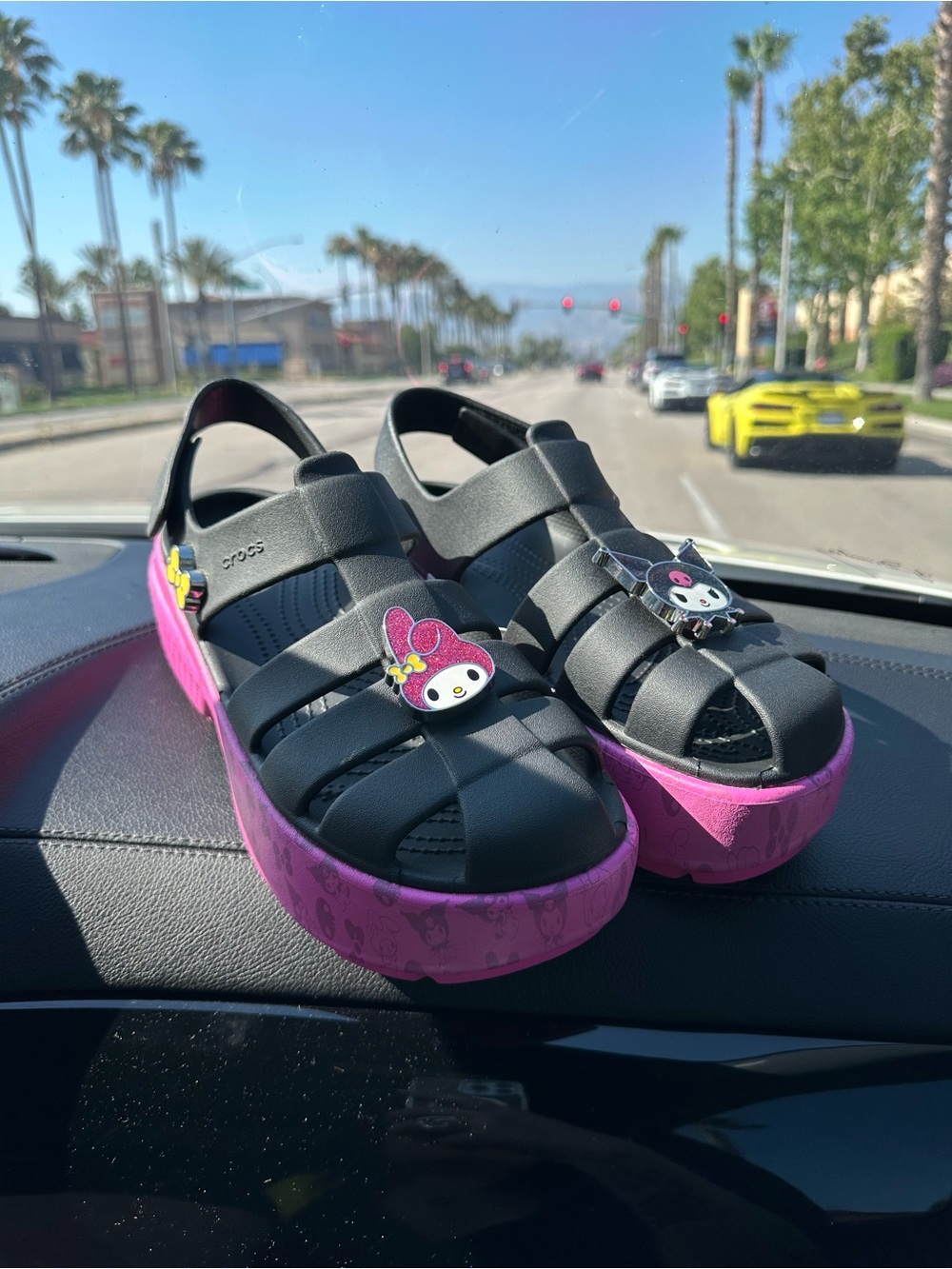 CROCS My Melody & Kuromi Black Strappy Sandals with Pink Platform